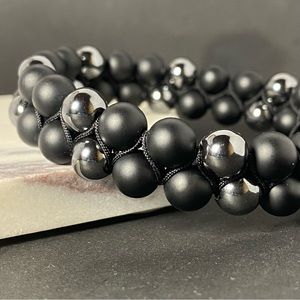 Mens Hematite Onyx Beaded Bracelet Two Rows/ Double Handmade Genuine Gemstone